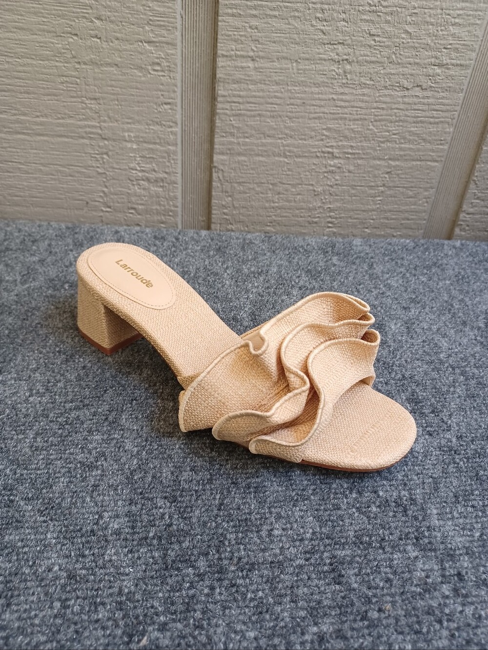 Larroude Brigite Ruffle Raffia Sandal Size 9 Women Slip On Heel Shoe In Beige